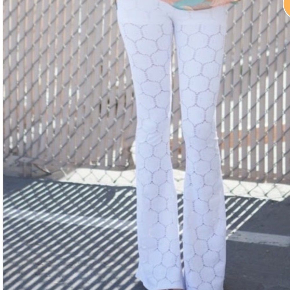Show Me Your MuMu White Bam Bam Bells Pants Hexagonal Knit Boho Bell Bottoms